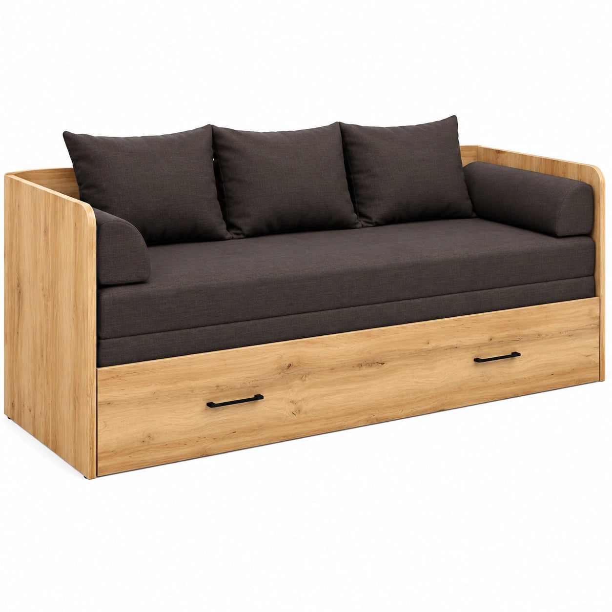 Lit canapé convertible avec rangement et matelas, bois et gris anthracite