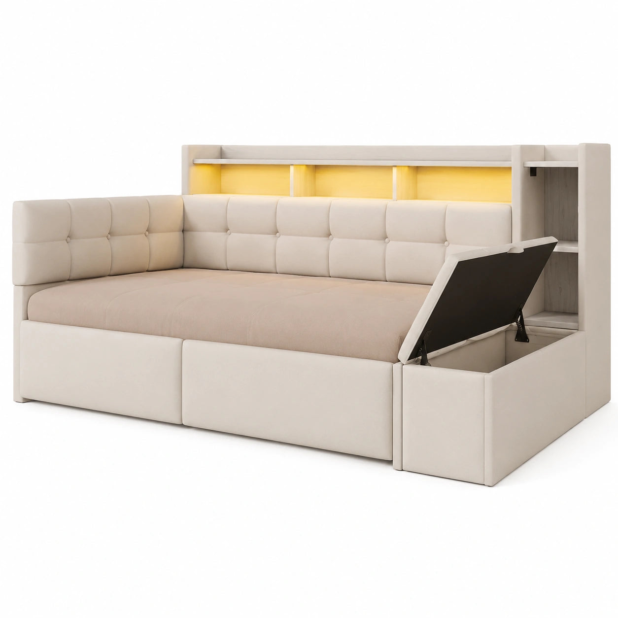 Lit simple capitonné 90x190 cm avec USB et LED, canapé-lit avec tiroirs et rangements, tabouret de rangement, velours blanc