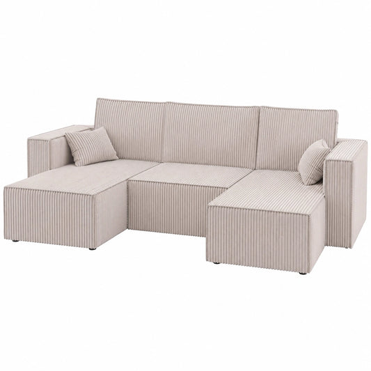 Canapé panoramique en velours convertible beige avec grande surface de couchage