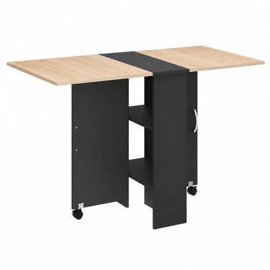 Table Pliante de Cuisine en Bois avec Roulettes et Étagères