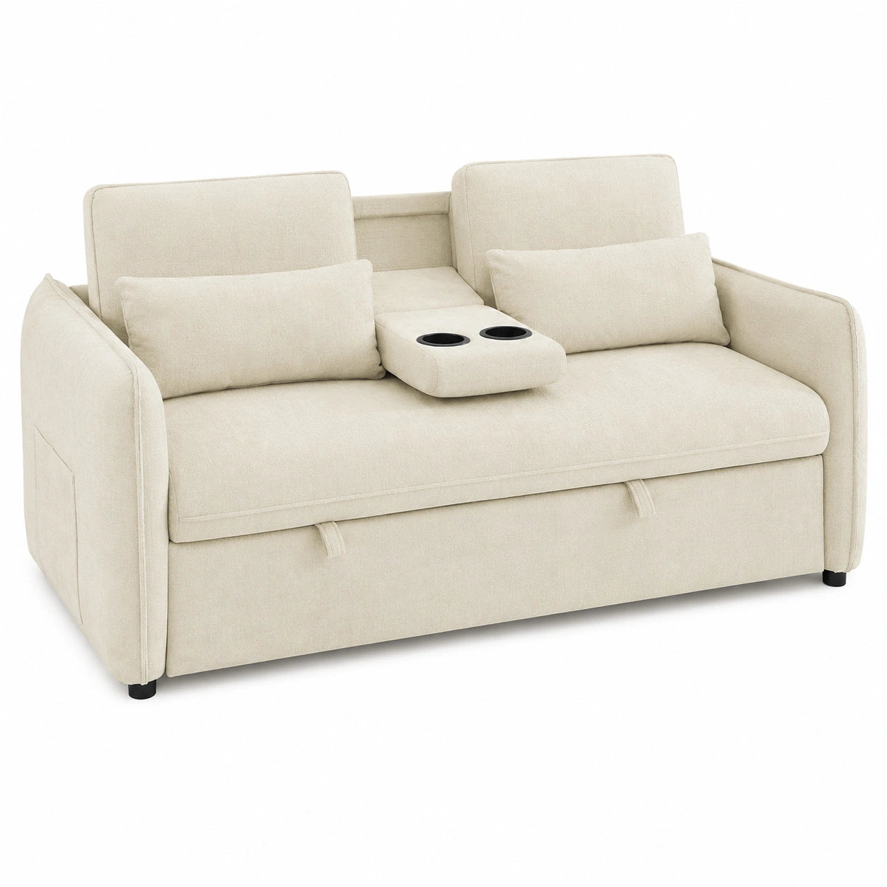 Canapé Convertible 2 Places avec Dossier Réglable et Porte-gobelets, Beige