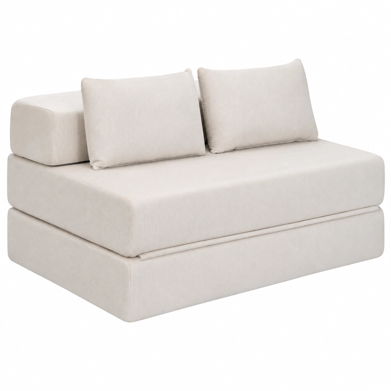 Canapé Convertible 2 Places en Velours Côtelé Beige avec 2 Coussins