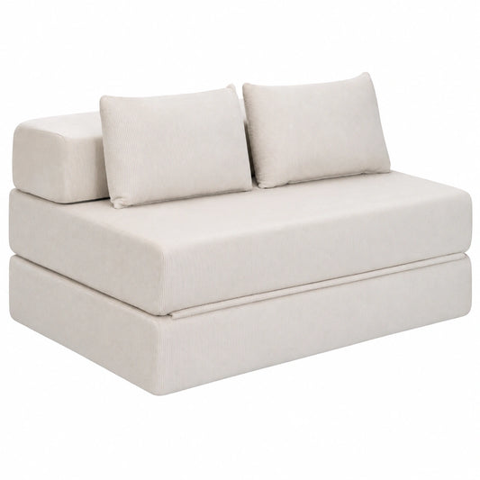 Canapé Convertible 2 Places en Velours Côtelé Beige avec 2 Coussins