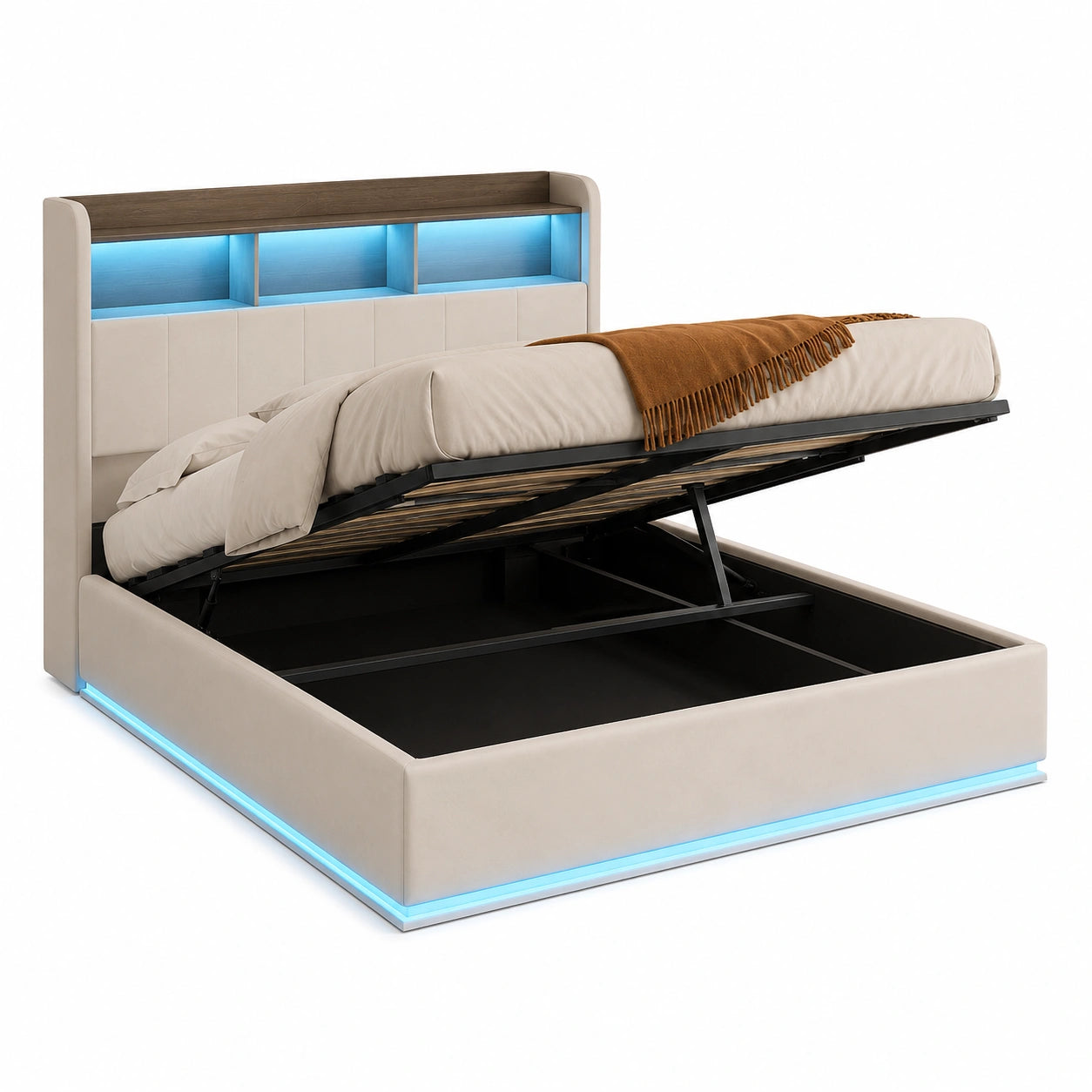 Lit double avec LED et rangement, velours blanc 160x200 cm