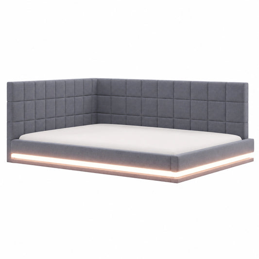 Canapé-lit double avec LED réglables et ports USB, sommier solide, gris